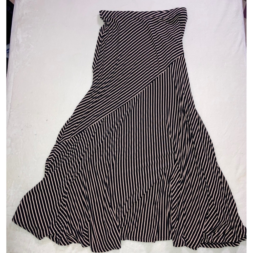 Chicos Striped Maxi Skirt Black Tan‎ Jersey Knit Pull On Size 2 US 12/14 Flowy